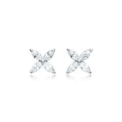 Victoria Flower Marquise CZ Stud Earrings Rhodium Plated