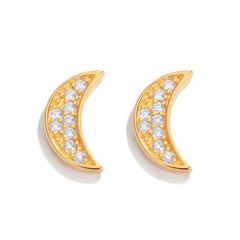 Moon Crescent CZ Pave Stud Earrings in Sterling Silver Gold Plated